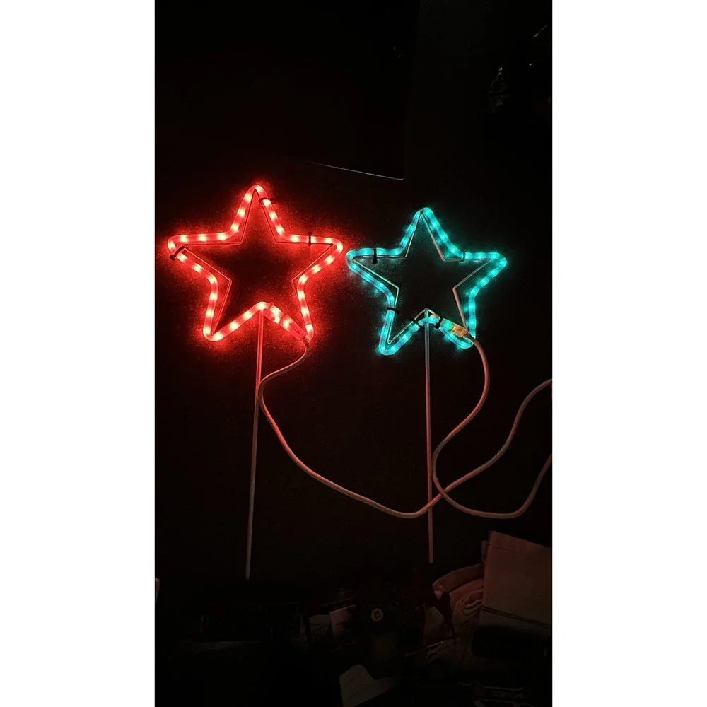 Vintage Rope Light Star Yard Stakes Red Blue Metal Frame Lawn Decor Pair